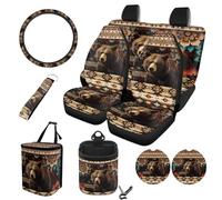 STUOARTE Bear Aztec - Set di 10 coperture interne per auto, morbide protezioni per sedili anteriori e posteriori, con coprivolante abbinato, cestino della spazzatura, borsa portaoggetti, portachiavi