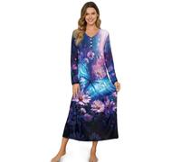 STUOARTE Camicie da notte da donna a maniche lunghe, camicia da notte a lunghezza intera, camicia da notte lunga e morbida da donna, S-4XL, Blu e Viola - Farfalla Margherita, M