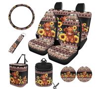 STUOARTE Highland Cow, set di coprisedili anteriori e posteriori con stampa azteca e girasole, coprivolante, pattumiera, borsa portaoggetti, sottobicchiere e portachiavi, universale