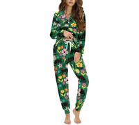 STUOARTE Pigiama da donna, 2 pezzi, con bottoni, morbido, traspirante, a maniche lunghe, con pantaloni lunghi, Verde e Nero - Gatto Fiore, XL