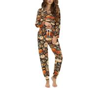 STUOARTE Pigiama da donna, 2 pezzi, con bottoni, morbido, traspirante, a maniche lunghe, con pantaloni lunghi, Arancione e verde - Foglia d'acero di zucca, L