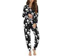 STUOARTE Pigiama da donna, 2 pezzi, con bottoni, morbido, traspirante, a maniche lunghe, con pantaloni lunghi, Bianco e nero - Teschio, XL