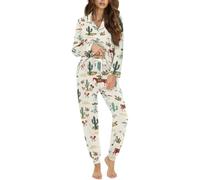 STUOARTE Pigiama da donna a maniche lunghe, con bottoni, con pantaloni lunghi, scollo a V, set da salotto da donna, Bianco e Verde - Cavallo Cactus, XXL
