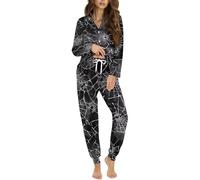 STUOARTE Pigiama da donna a maniche lunghe, con bottoni, con pantaloni lunghi, scollo a V, set da salotto da donna, Nero e Grigio - Ragnatela, XL