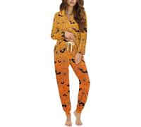 STUOARTE Pigiama da donna a maniche lunghe, con bottoni, con pantaloni lunghi, scollo a V, set da salotto da donna, Arancione e Nero - Ragnatela di pipistrello, XXL
