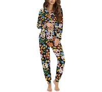 STUOARTE Pigiama da donna a maniche lunghe, con bottoni, con pantaloni lunghi, scollo a V, set da salotto da donna, Verde e Bianco - Fiore Teschio, XXL