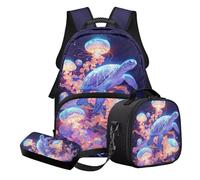 STUOARTE Set 3 in 1 di zaino per la scuola per bambini e ragazze, zaino leggero con astuccio e portapranzo, Blu e arancione - Medusa tartaruga marina, Set di zaini per la scuola