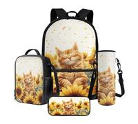 STUOARTE Set 4 in 1 con zaino per la scuola per bambini, con portapranzo e astuccio, zaino leggero per la scuola per bambini, adolescenti, ragazze e ragazzi, Giallo e beige - Girasole gatto, Taglia