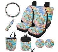 STUOARTE Set completo di 10 coprisedili per auto, motivo tartaruga marina Plumeria, set completo, protezioni per sedili anteriori con schienale diviso, coprivolante da 38 cm, sottobicchiere