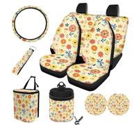 STUOARTE Set di 10 coperture interne per auto, motivo floreale, morbide, traspiranti, per sedili anteriori e posteriori, con coprivolante, sottobicchiere per pattumiera, portachiavi, universale
