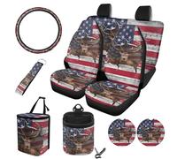 STUOARTE Set di 10 coprisedili per auto con stampa di cervi con bandiera americana, morbidi coprisedili anteriori con coprisedili posteriori divisi, coprivolante, sottobicchiere, pattumiera, borsa
