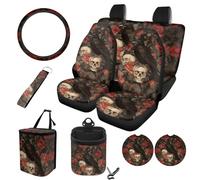 STUOARTE Set di 10 coprisedili per auto, con stampa di teschio corvo rosa anteriore e posteriore, con coprivolante abbinato, sottobicchiere, pattumiera, portachiavi, sottobicchiere, accessori per