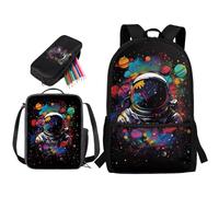 STUOARTE Set di 3 pezzi, zaino leggero per la scuola per bambini, ragazzi e ragazze, zaino da scuola da 43 cm con portapranzo e astuccio, Astronaut Planet - Multicolore