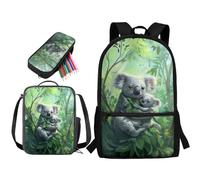 STUOARTE Set di 3 pezzi, zaino leggero per la scuola per bambini, ragazzi e ragazze, zaino da scuola da 43 cm con portapranzo e astuccio, Foglia di Koala - Verde