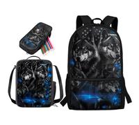STUOARTE Set di 3 pezzi, zaino leggero per la scuola per bambini, ragazzi e ragazze, zaino da scuola da 43 cm con portapranzo e astuccio, Bandiera americana con lupo, colore: nero e blu