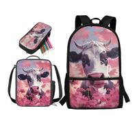 STUOARTE Set di 3 pezzi, zaino leggero per la scuola per bambini, ragazzi e ragazze, zaino da scuola da 43 cm con portapranzo e astuccio, Fiore di mucca - Rosa
