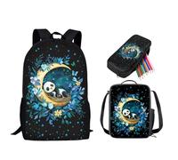 STUOARTE Set di 3 zaini per bambini, con portapranzo e astuccio, per studenti elementari e studenti elementari, Panda Moon Leaf - Nero e Blu, Taglia unica, Zaino da viaggio