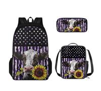 STUOARTE Set di 3 zaini per bambini, leggero, con portapranzo, astuccio per la scuola, zaino per la scuola per ragazzi e ragazze, Bandiera americana con girasole mucca, nero e viola, Taglia unica, Set