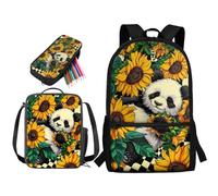 STUOARTE Set di 3 zaini per bambini per la scuola elementare, 43 cm, grande set con portapranzo e astuccio, Panda Girasole - Giallo e Bianco
