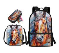 STUOARTE Set di 3 zaini per bambini per la scuola elementare, 43 cm, grande set con portapranzo e astuccio, Cavallo Acquerello - Marrone