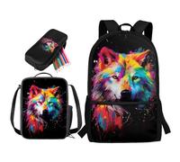 STUOARTE Set di 3 zaini per bambini per la scuola elementare, 43 cm, grande set con portapranzo e astuccio, Acquerello Lupo - Multicolore