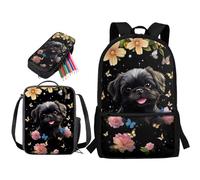 STUOARTE Set di 3 zaini per bambini per la scuola elementare, 43 cm, grande set con portapranzo e astuccio, Shih Tzu Fiore Farfalla - Nero