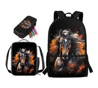 STUOARTE Set di 3 zaini per bambini per la scuola elementare, 43 cm, grande set con portapranzo e astuccio, Cavallo Acquerello - Nero e Arancione