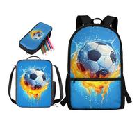 STUOARTE Set di 3 zaini per bambini per ragazzi e ragazze, set di zaino per la scuola con portapranzo e astuccio, zaino per studenti da 43 cm, Water Fire - Pallone da calcio, colore: blu e arancione