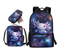 STUOARTE Set di 3 zaini per bambini per ragazzi e ragazze, set di zaino per la scuola con portapranzo e astuccio, zaino per studenti da 43 cm, Galaxy Cute Axolotl - Multicolore