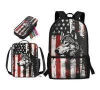 STUOARTE Set di 3 zaini per bambini, ragazzi, ragazze, grandi zaini per la scuola, con portapranzo e astuccio per studenti, Wolf Bandiera Americana - Nero e Rosso