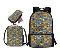 STUOARTE Set di 3 zaini per bambini, ragazzi, ragazze, grandi zaini per la scuola, con portapranzo e astuccio per studenti, Dinosauro Cartoon - Multicolore