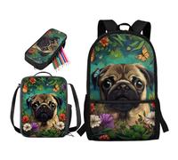 STUOARTE Set di 3 zaini per bambini, ragazzi, ragazze, grandi zaini per la scuola, con portapranzo e astuccio per studenti, Pug Flower - Verde e Marrone