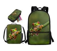 STUOARTE Set di 3 zaini per bambini, ragazzi, ragazze, grandi zaini per la scuola, con portapranzo e astuccio per studenti, Rana - Verde