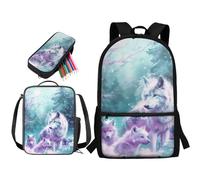 STUOARTE Set di 3 zaini per bambini, ragazzi, ragazze, grandi zaini per la scuola, con portapranzo e astuccio per studenti, Lupo - Verde e Rosa