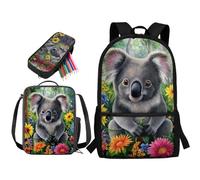 STUOARTE Set di 3 zaini per bambini, ragazzi, ragazze, grandi zaini per la scuola, con portapranzo e astuccio per studenti, Koala Flower - Grigio e Verde