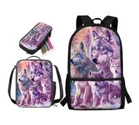 STUOARTE Set di 3 zaini per bambini, ragazzi, ragazze, grandi zaini per la scuola, con portapranzo e astuccio per studenti, Lupo - Rosa