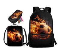 STUOARTE Set di 3 zaini per bambini, set di zaino per la scuola con portapranzo e astuccio, grande capacità per studenti, Fuoco Calcio - Nero e Arancio