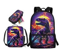 STUOARTE Set di 3 zaini per bambini, set di zaino per la scuola con portapranzo e astuccio, grande capacità per studenti, Dinosauro Tramonto - Multicolore