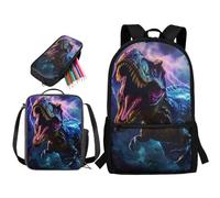 STUOARTE Set di 3 zaini per bambini, set di zaino per la scuola con portapranzo e astuccio, grande capacità per studenti, Dinosauro 3D - Viola