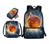 STUOARTE Set di 3 zaini per bambini, set di zaino per la scuola con portapranzo e astuccio, grande capacità per studenti, Fire Lightning - Pallacanestro blu e arancione