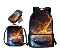 STUOARTE Set di 3 zaini per bambini, set di zaino per la scuola con portapranzo e astuccio, grande capacità per studenti, Hockey su ghiaccio Water Fire - Nero e Arancione