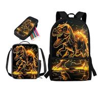 STUOARTE Set di 3 zaini per bambini, set di zaino per la scuola con portapranzo e astuccio, grande capacità per studenti, Dinosauro 3D - Nero e Oro