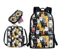 STUOARTE Set di 3 zaini per la scuola per bambini, 43,2 cm, con portapranzo, astuccio per studenti delle scuole medie elementari, Cartoon Cat - Multicolore