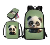 STUOARTE Set di 3 zaini per la scuola per bambini, 43,2 cm, con portapranzo, astuccio per studenti delle scuole medie elementari, Panda - Verde e Bianco