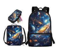 STUOARTE Set di 3 zaini per la scuola per bambini, 43,2 cm, con portapranzo, astuccio per studenti delle scuole medie elementari, Galaxy Planet - Blu e Arancione