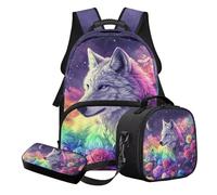 STUOARTE Set di 3 zaini per la scuola per bambini con astuccio e portapranzo, set leggero per la scuola per bambini, ragazzi e ragazze, Blu e Rosa - Wolf Rose, Set di zaini per la scuola