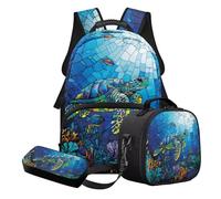 STUOARTE Set di 3 zaini per la scuola per bambini con astuccio e portapranzo, set leggero per la scuola per bambini, ragazzi e ragazze, Blu - Tartaruga Marina, Set di zaini per la scuola