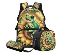 STUOARTE Set di 3 zaini per la scuola per bambini con portapranzo e astuccio, zaino leggero per la scuola per ragazzi e ragazzi, Giallo e Verde - Girasole Rana, Set di zaini per la scuola