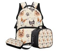 STUOARTE Set di 3 zaini per la scuola per bambini e bambine, set di zaino leggero con portapranzo e astuccio, Beige - Zampa di Corgi Schnauzer, Set di zaini per la scuola