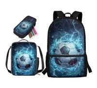 STUOARTE Set di 3 zaini per la scuola, per bambini, ragazzi, ragazze, adolescenti, 43 cm, con borsa per il pranzo e astuccio, Water Lightning Soccer - Blu